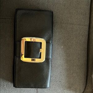Michael Kora Black Leather Clutch with Gold Buckle